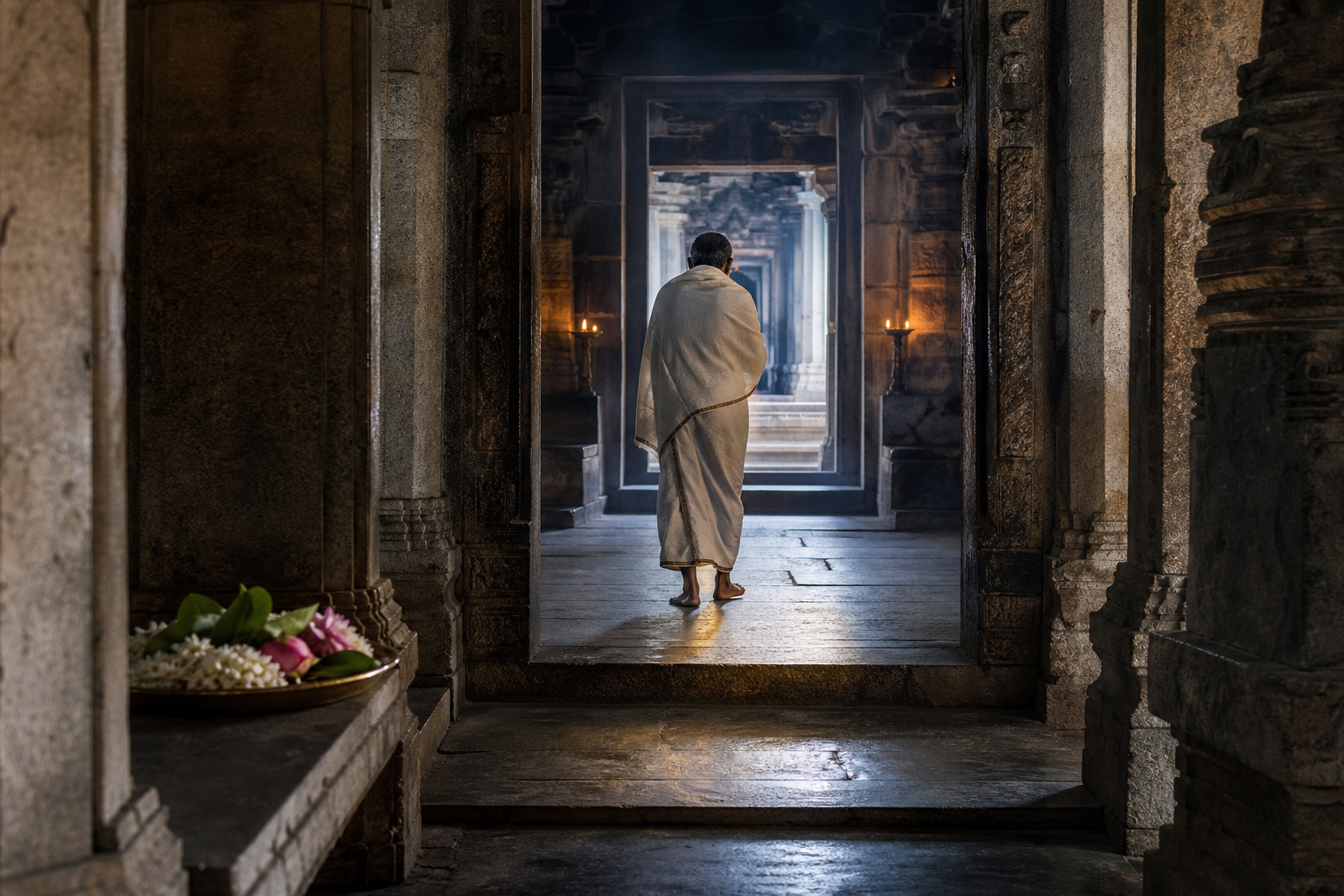 A barefoot pilgrim walks through aligned stone doorways and lamp-lit pillars inside a quiet South Indian temple.