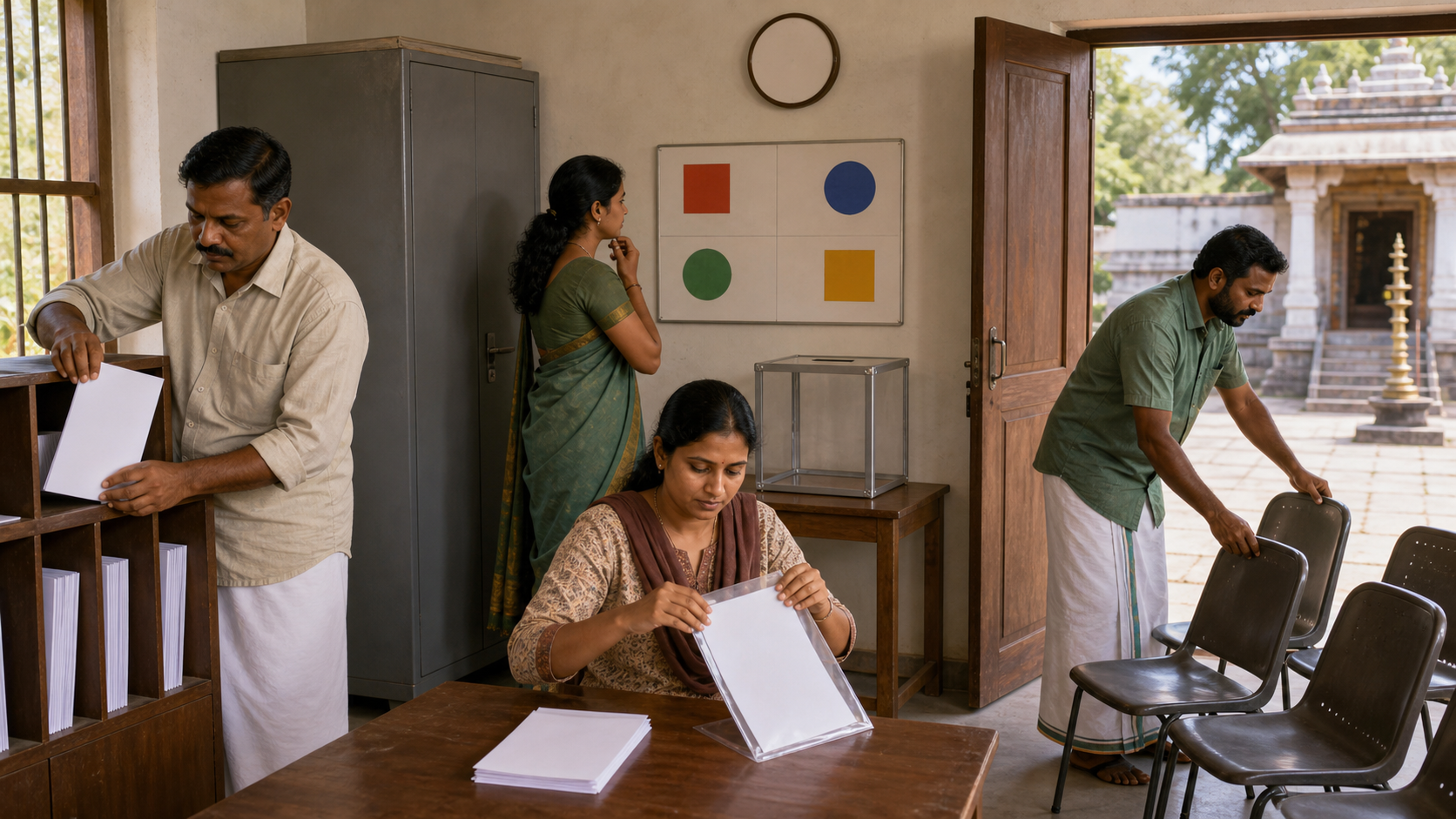 Temple community members organize blank meeting records, responsibility markers, and chairs in a small administrative room.