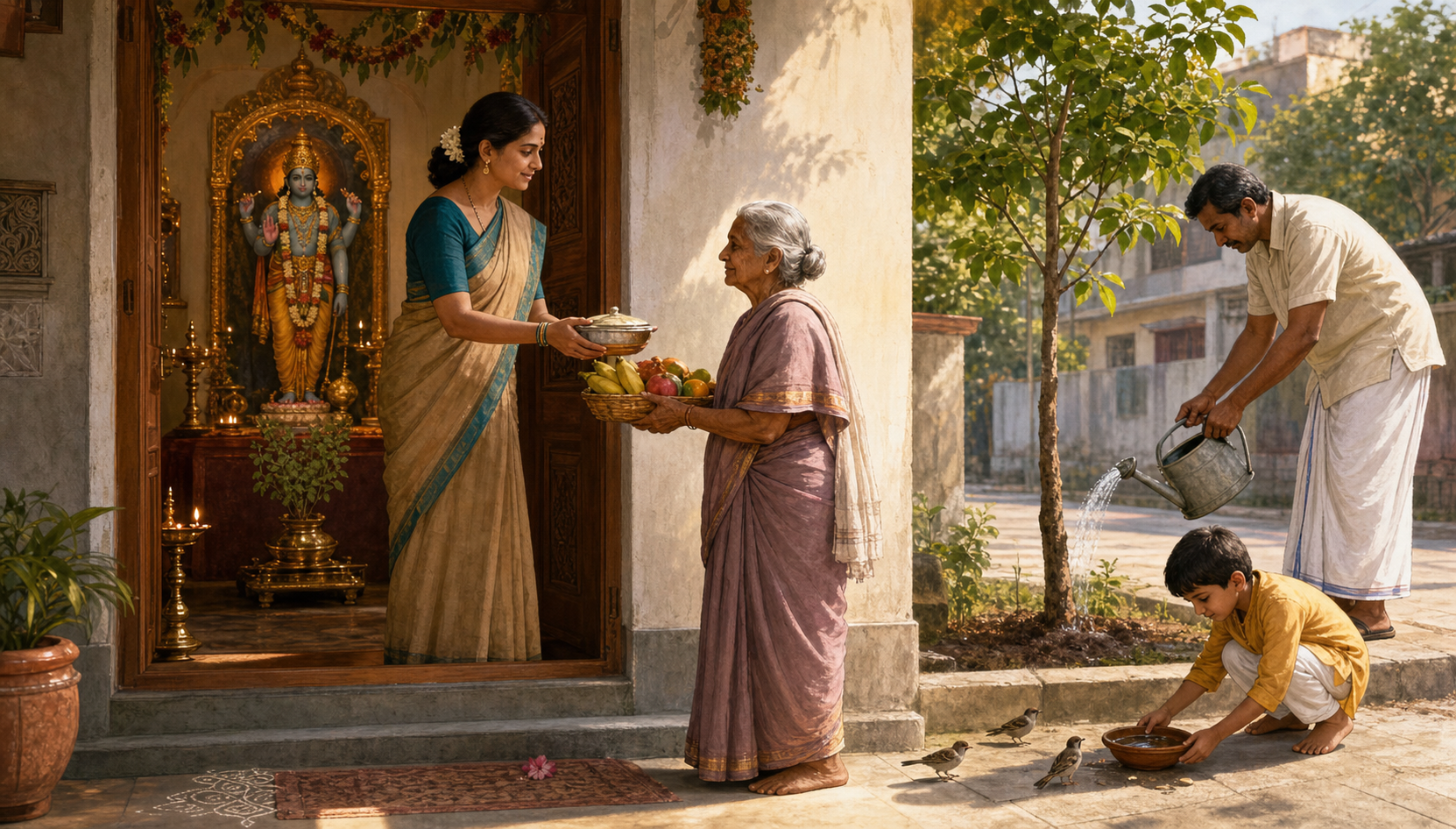 A devotee offers food and fruit to an elderly neighbor at an open doorway while a Vishnu shrine glows inside the home and family members care for a tree and birds outside.