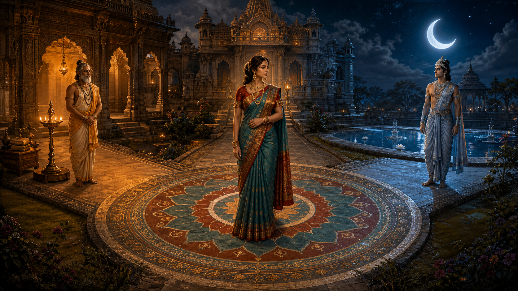 Tara stands between Brihaspati beside an oil lamp and Chandra beside a moonlit pool in a triangular palace courtyard.
