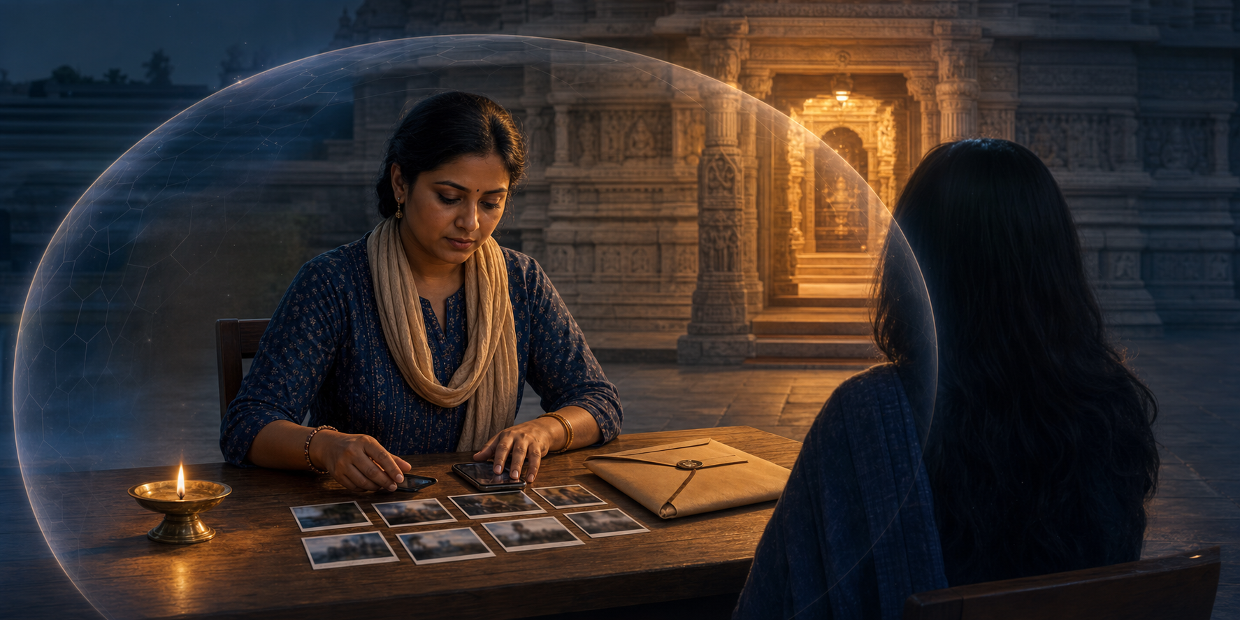 A community volunteer organizes a phone, photographs, and an evidence envelope beside a brass diya, with an anonymous person and a softly lit Hindu temple in the background.