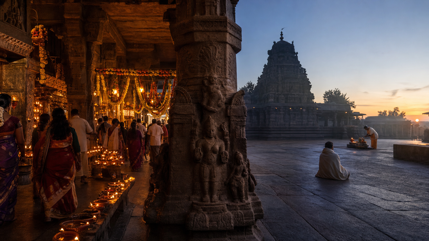 One temple courtyard transitions from a lamp-lit evening gathering to a quiet dawn with only a few worshippers.
