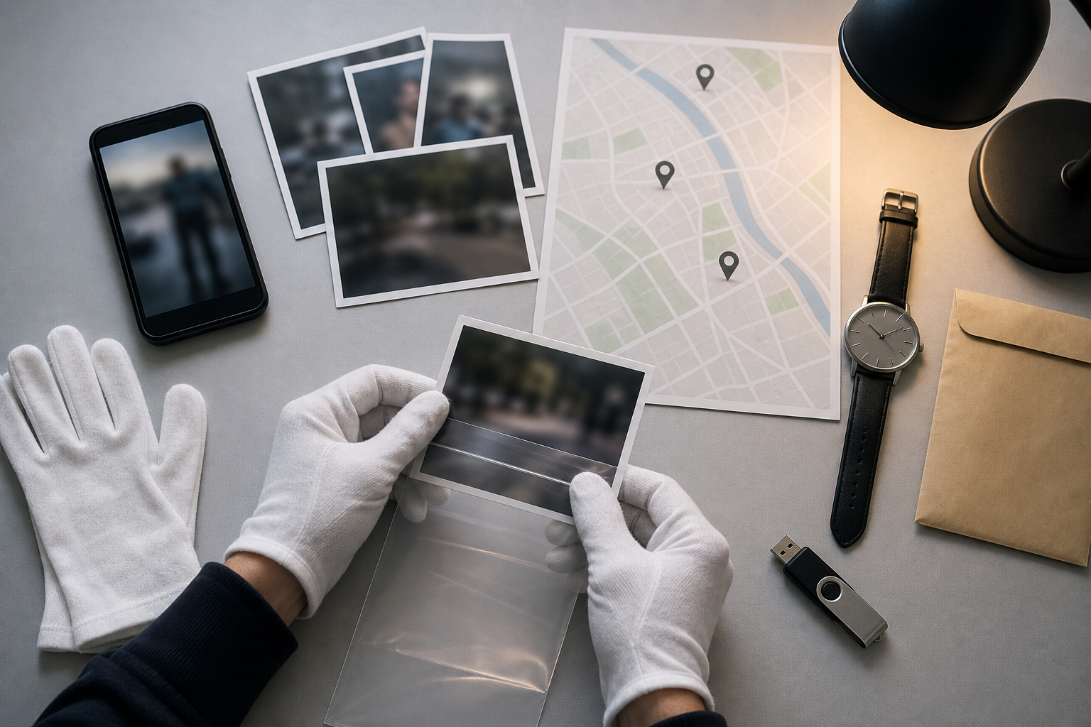 Hands place a photograph into a protective sleeve beside a smartphone, map, watch, envelope, gloves, and USB drive arranged as an evidence packet.