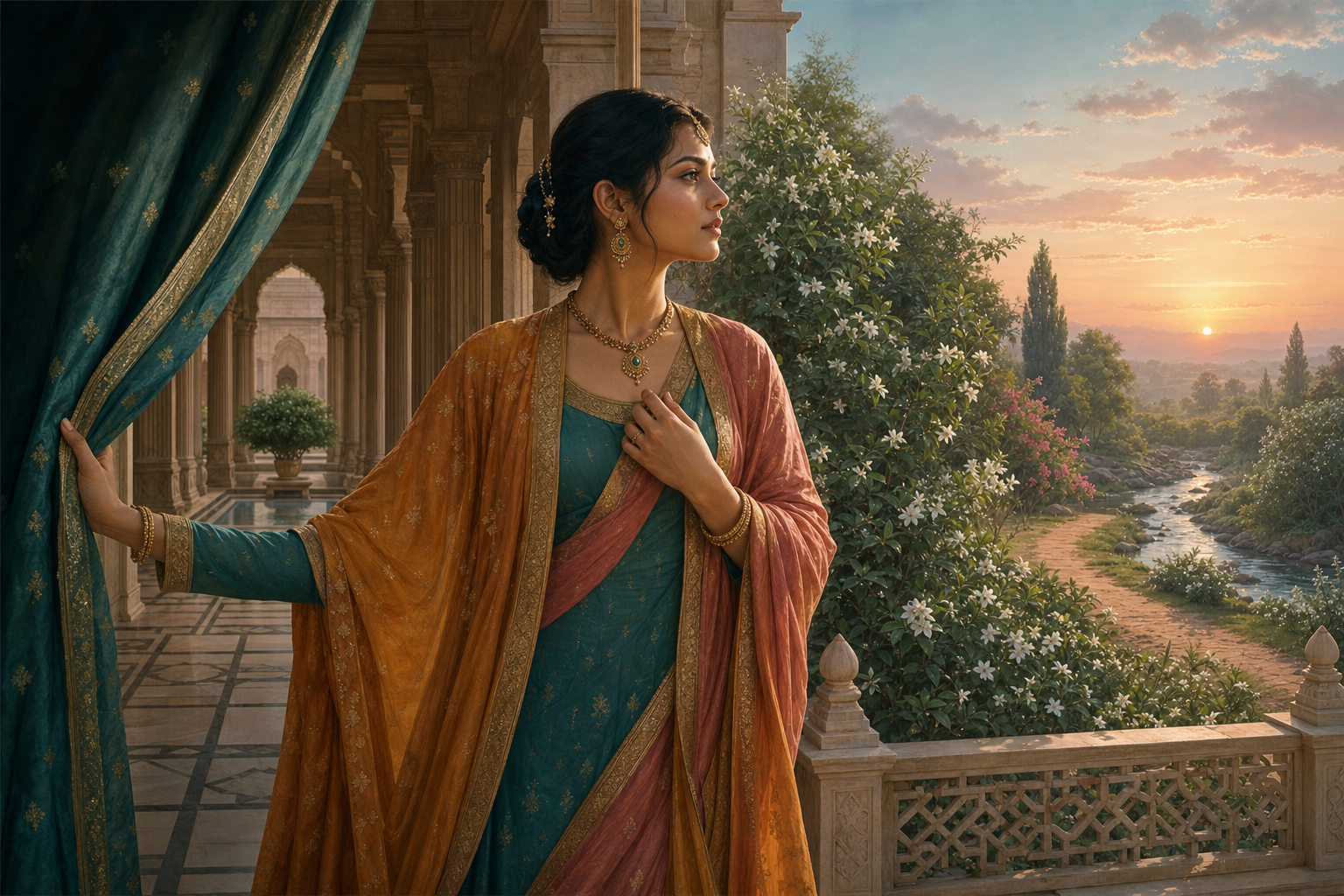 Tara pauses between an enclosed palace courtyard and an open flowering garden at dawn.