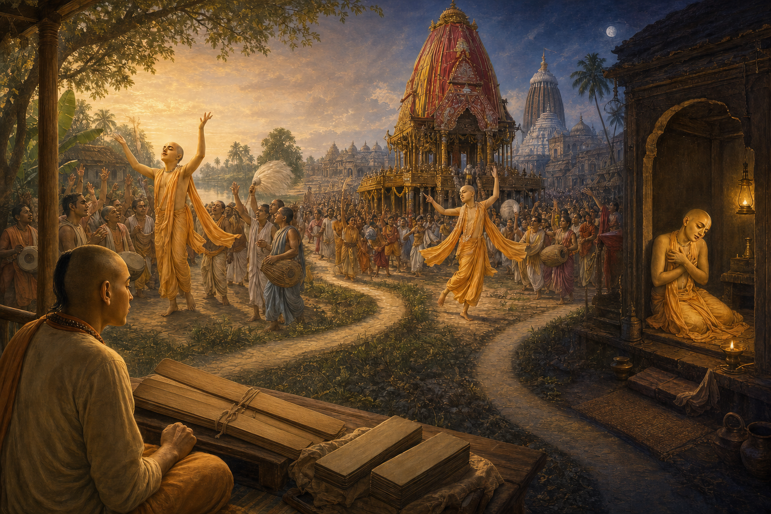 A reader beside a palm-leaf manuscript looks toward connected scenes of Chaitanya gathering with devotees, dancing near a temple chariot, and praying in a lamplit chamber.