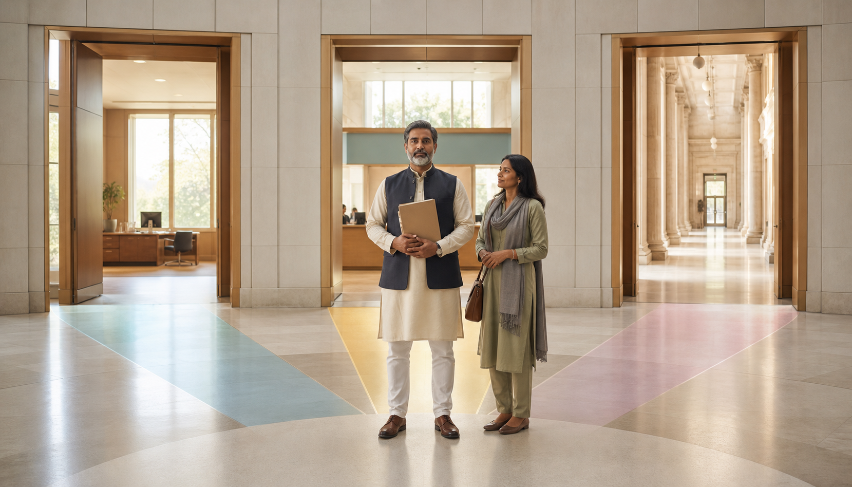 A community advocate holding an evidence folder considers three illuminated routes leading toward school, civic, and legal settings in a modern atrium.