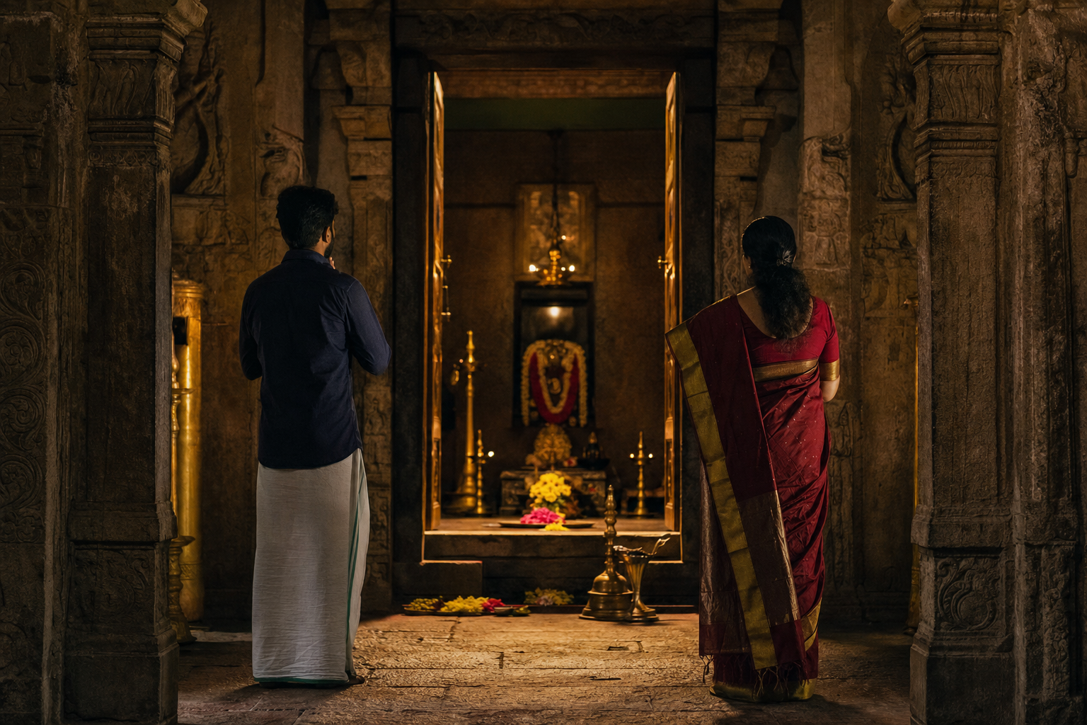 Devotees stand before a lamp-lit sanctum doorway framed by carved stone pillars and flower offerings.