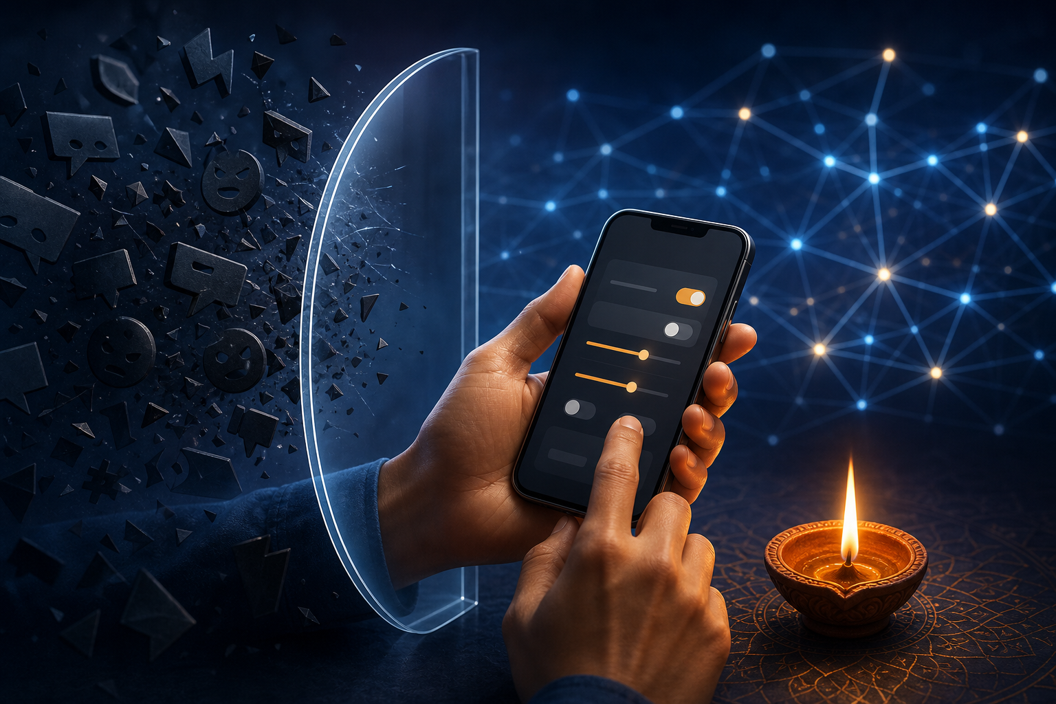 Hands operate an unbranded smartphone as a glass barrier contains dark digital fragments, with a glowing diya beside the device.