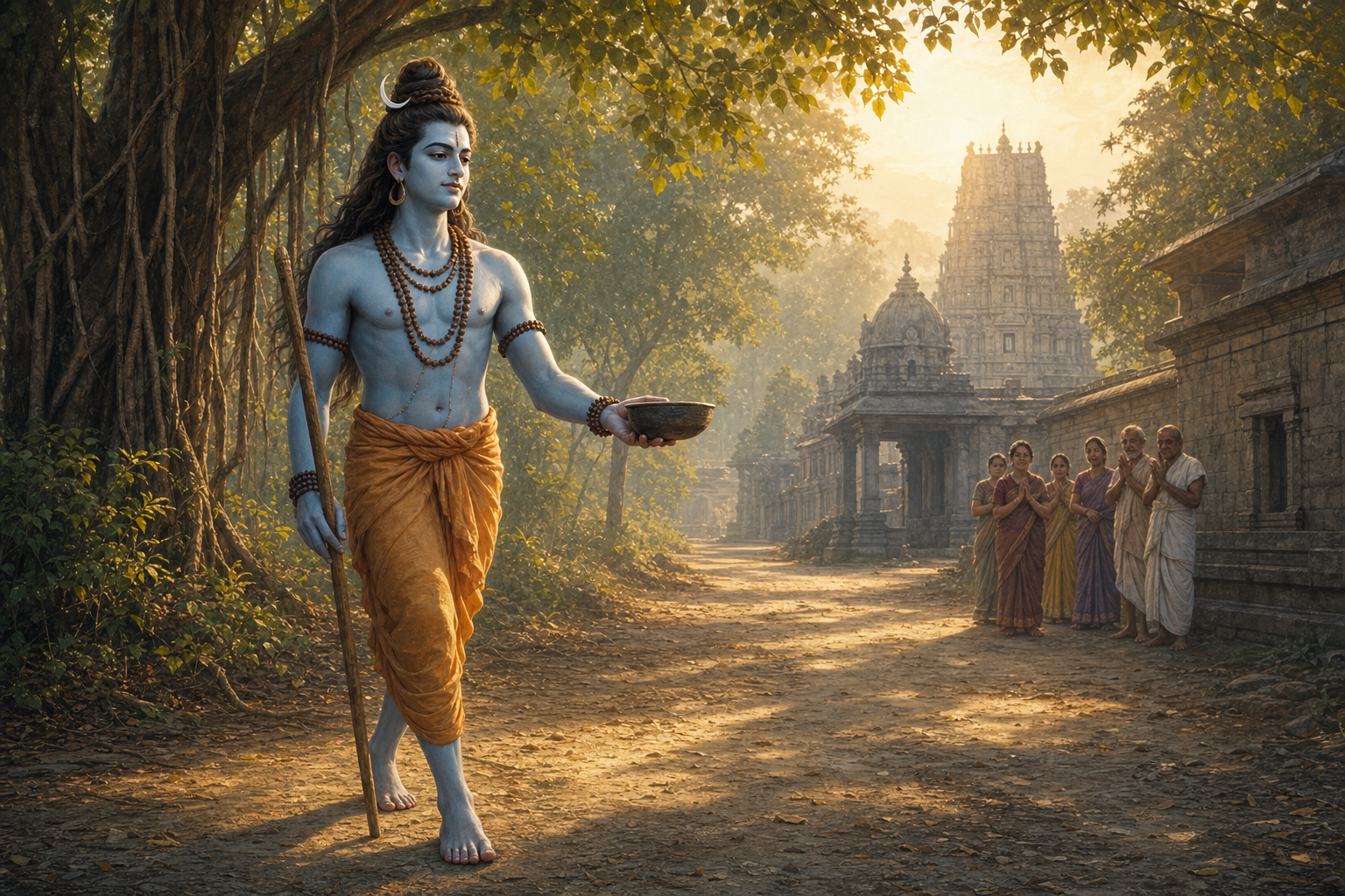Youthful Shiva as Bhikshatanamurti walks barefoot on a forest path at dawn, carrying a begging bowl and wooden staff near a temple.