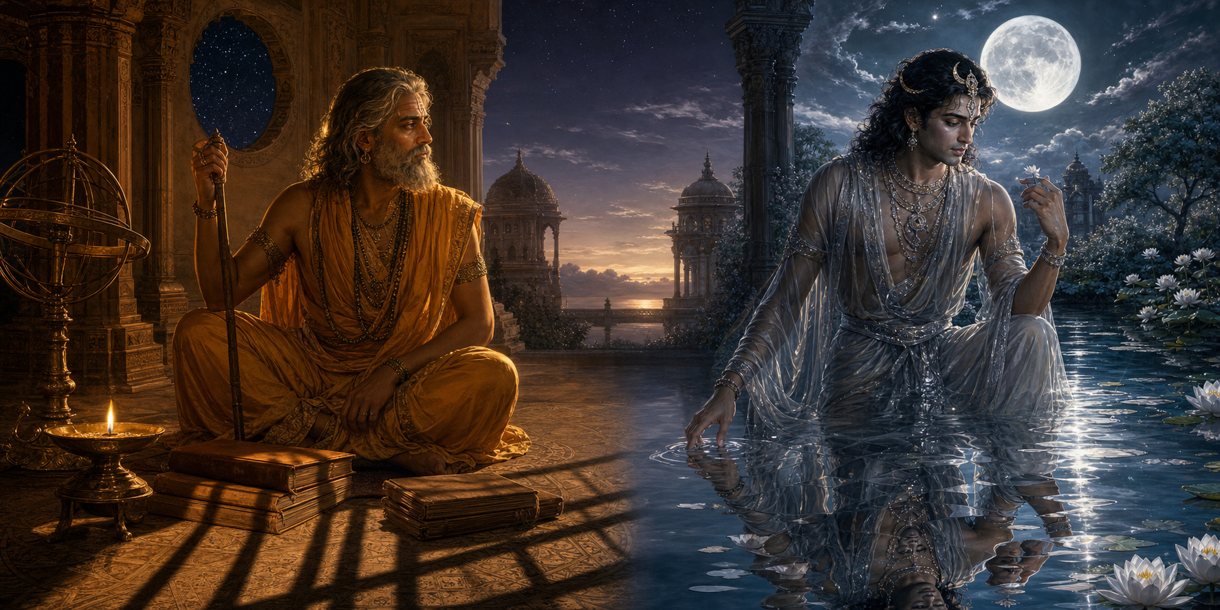 Brihaspati sits beside a lamp casting rigid shadows while Chandra stands by moonlit water with a fragmented reflection.