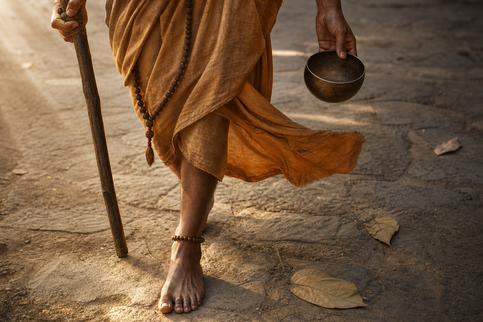 Close view of Bhikshatanamurti's bare foot in motion, simple garment, begging bowl, wooden staff, and rudraksha beads on a stone path.