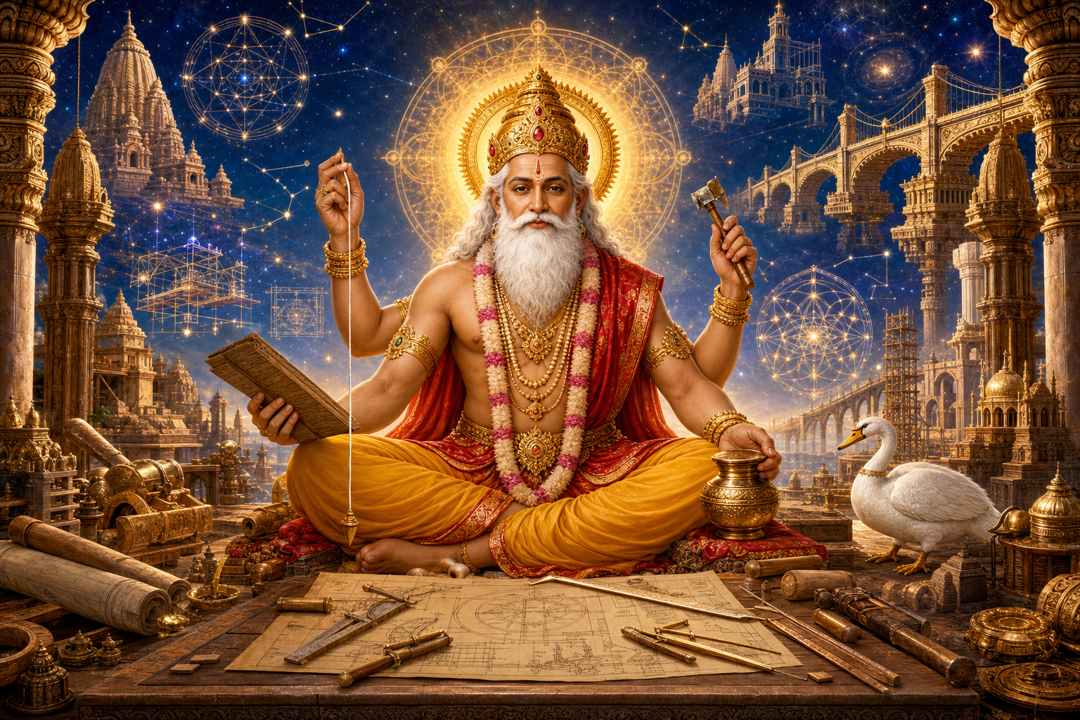 Vishwakarma sits in a celestial workshop holding measuring and crafting instruments as architectural forms and constellations surround him.