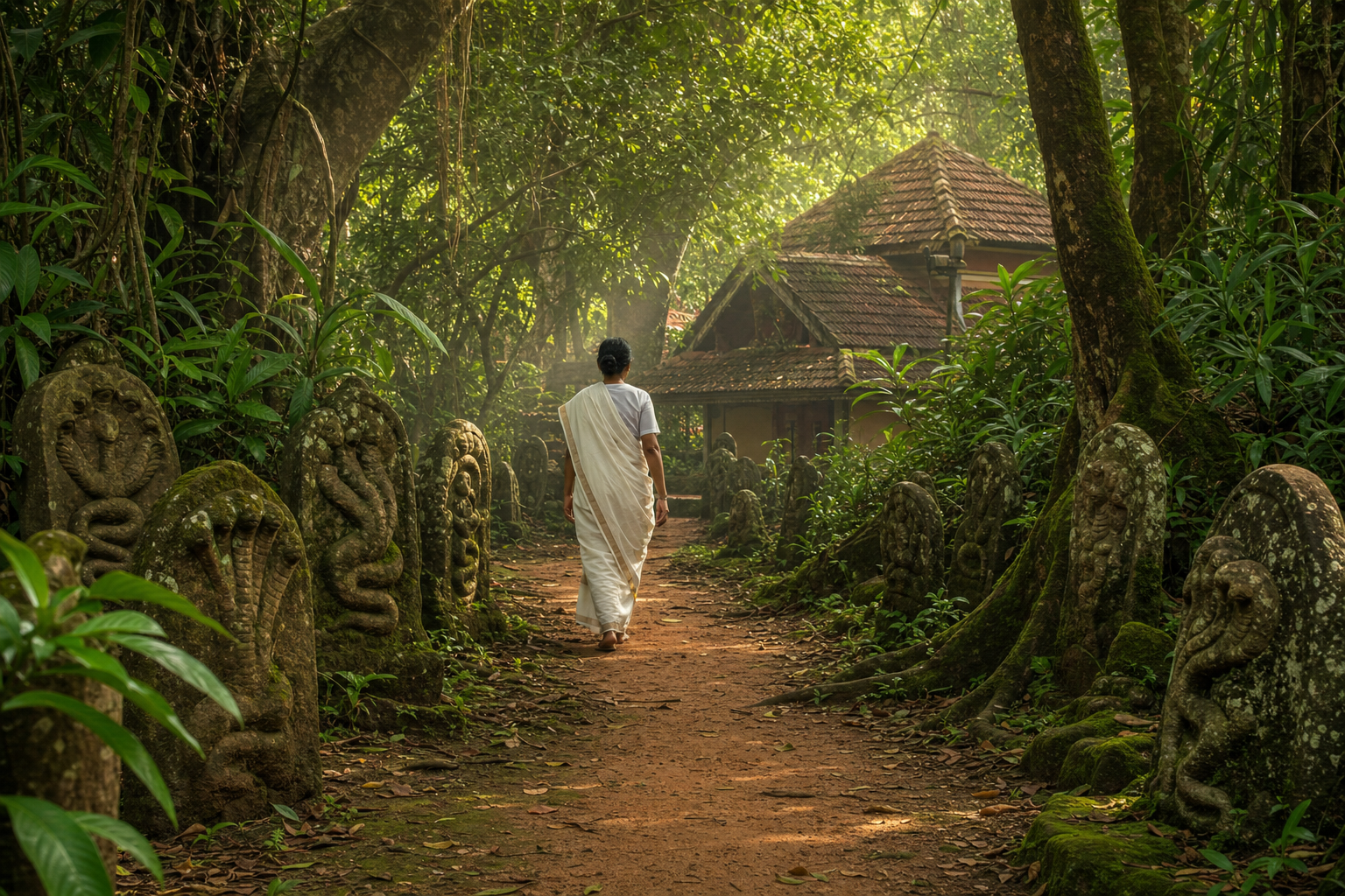 A pilgrim walks through a shaded tropical grove past weathered stone serpent icons toward a traditional Kerala temple building.