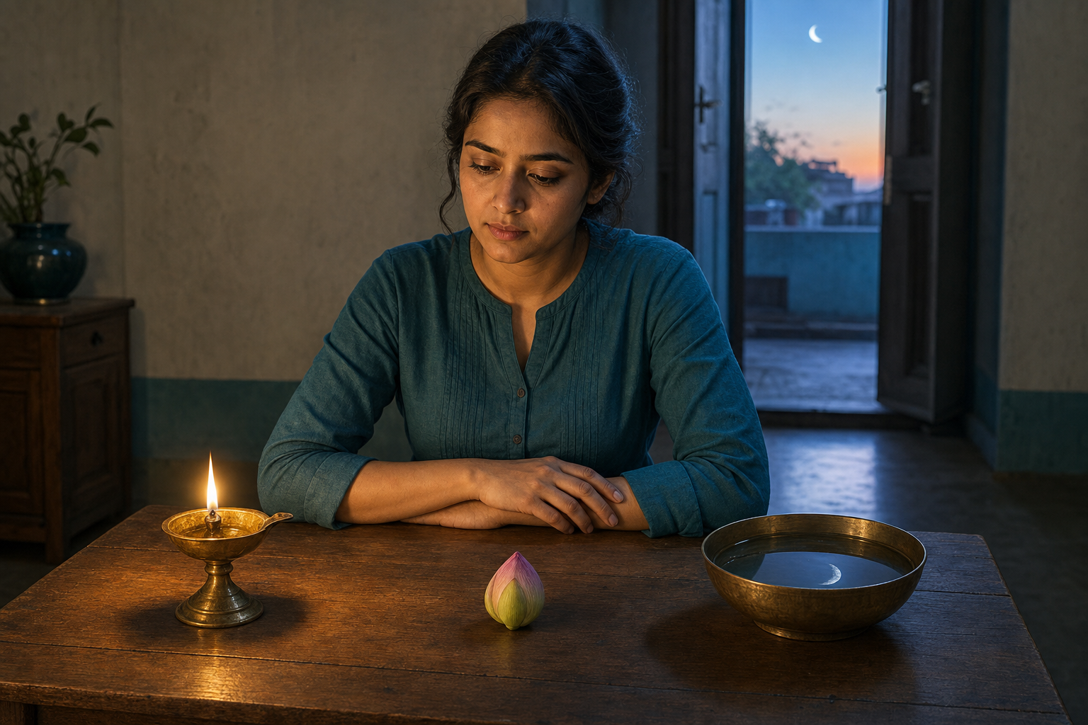A person reflects at a table holding an oil lamp, a moonlit water bowl, and a closed lotus bud before dawn.