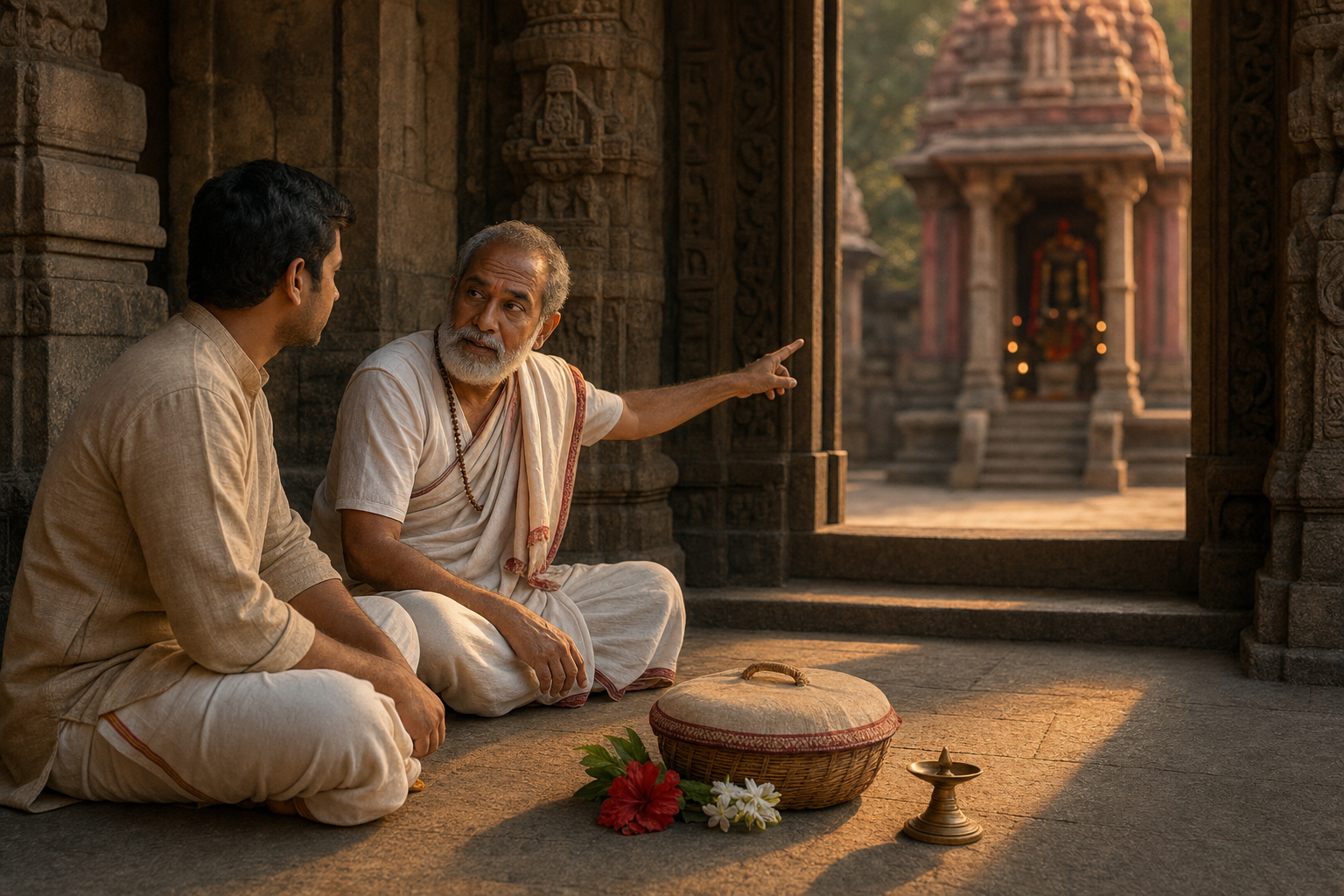 A devotee listens to a traditional teacher in a temple hall before approaching a softly lit goddess shrine.