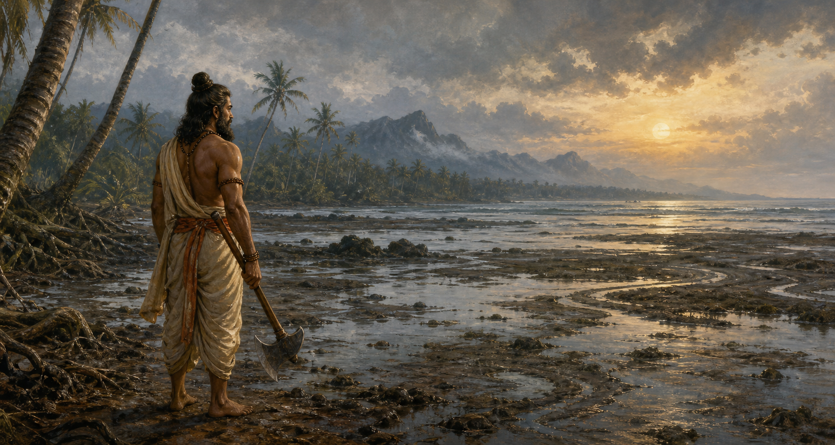 Parashurama surveys wet coastal land between the receding sea, coconut palms, and distant mountains at dawn.