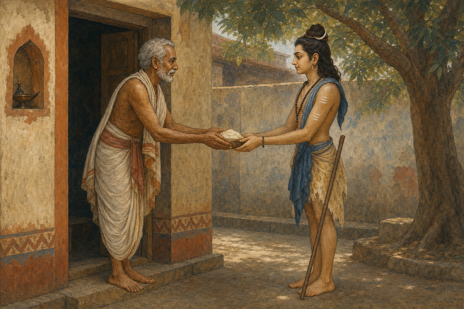 A householder respectfully places food into the bowl held by barefoot Bhikshatanamurti at a quiet courtyard threshold.