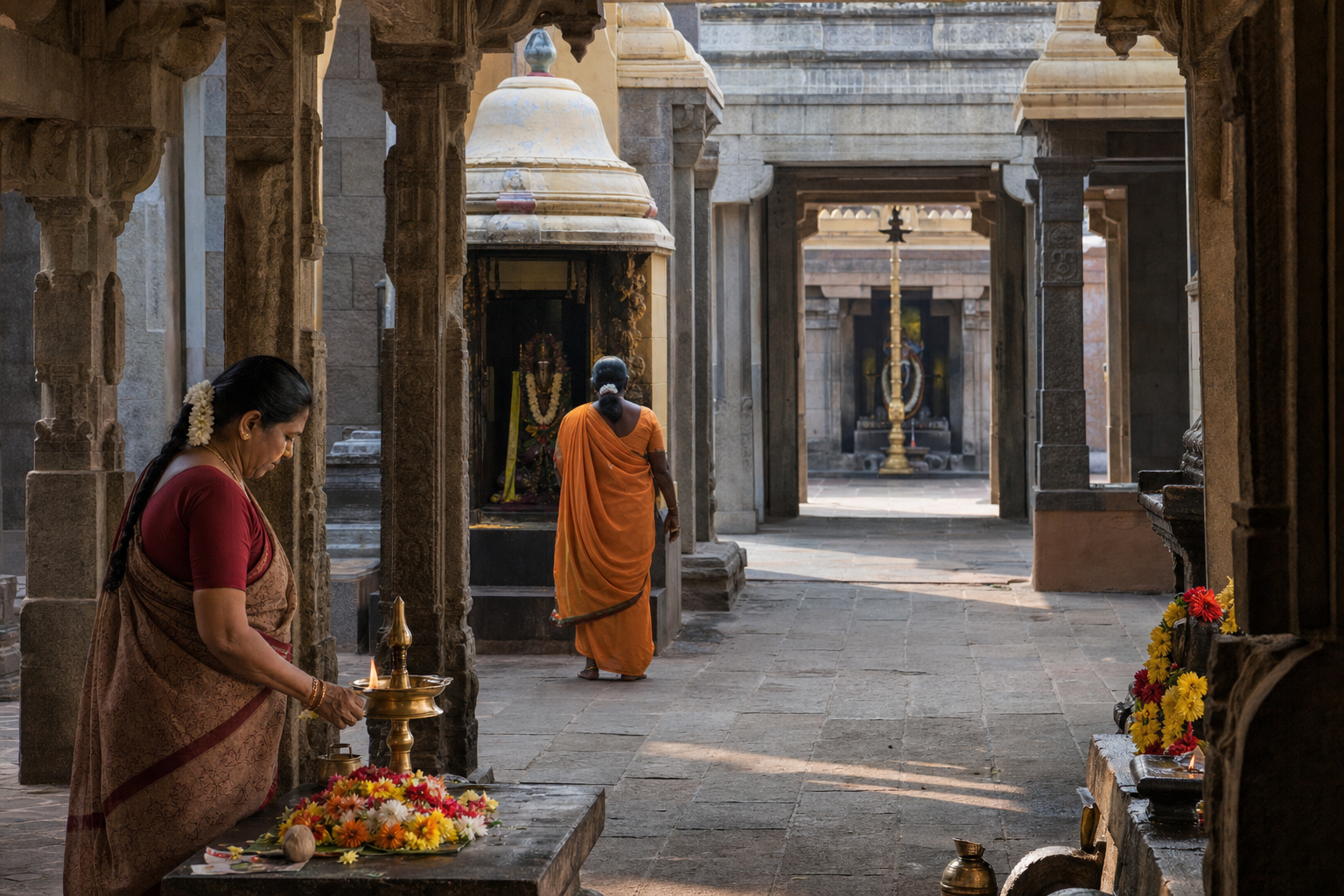 Pilgrims move through a temple courtyard past lamps and offerings toward successive shrine entrances.