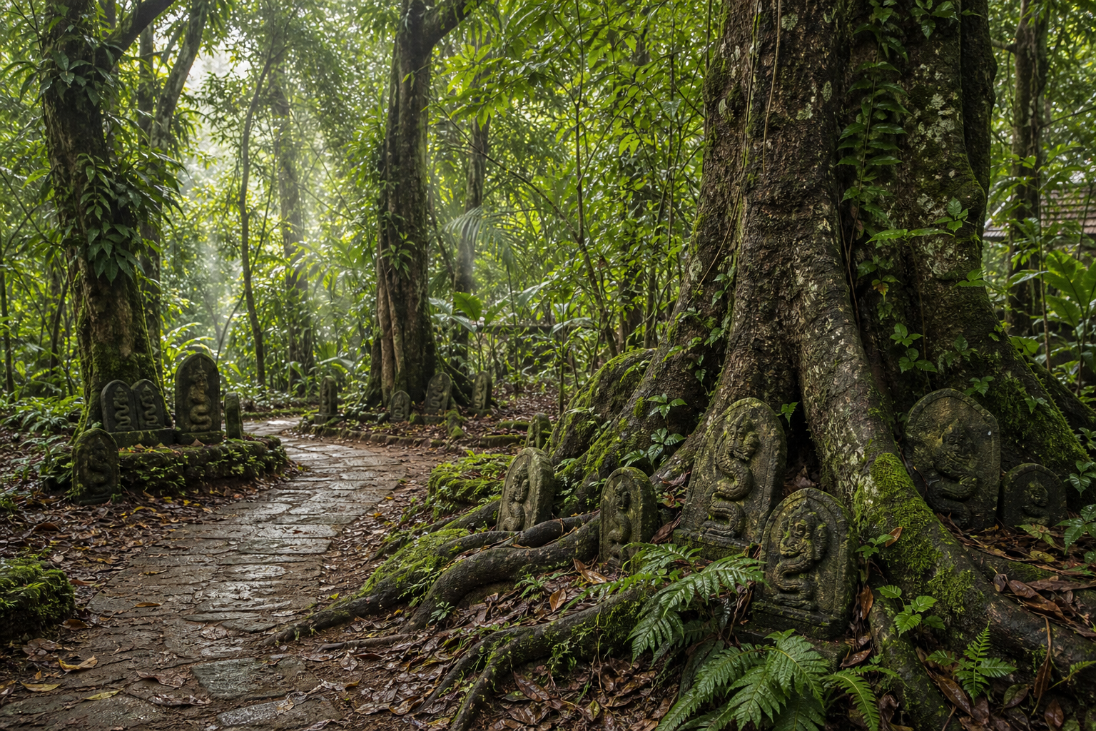 Stone serpent icons sit among tree roots, ferns, vines, and leaf litter beside a path in a dense Kerala sacred grove.