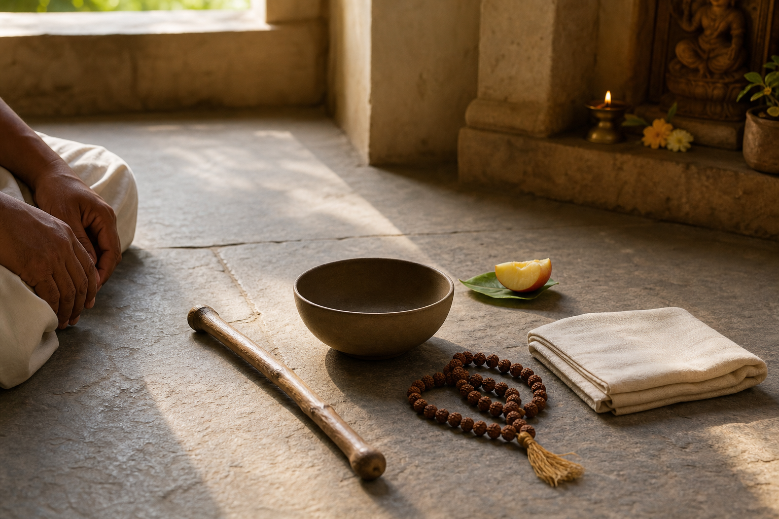 An empty bowl, wooden staff, prayer beads, folded cloth, and fruit for sharing rest beside the hands of a seated devotee.