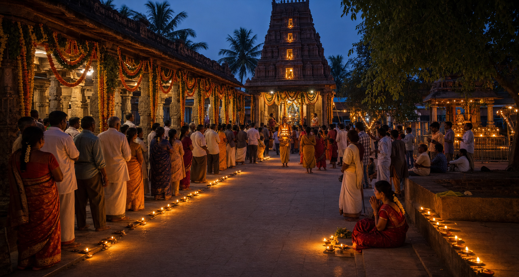 Pilgrims gather in a flower-decorated temple courtyard illuminated by rows of oil lamps at twilight.