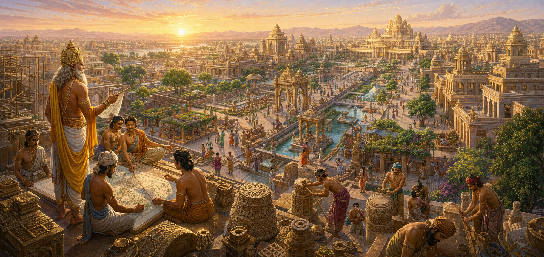 Vishwakarma and teams of artisans oversee the careful construction of a geometrically planned city with gardens and water channels.