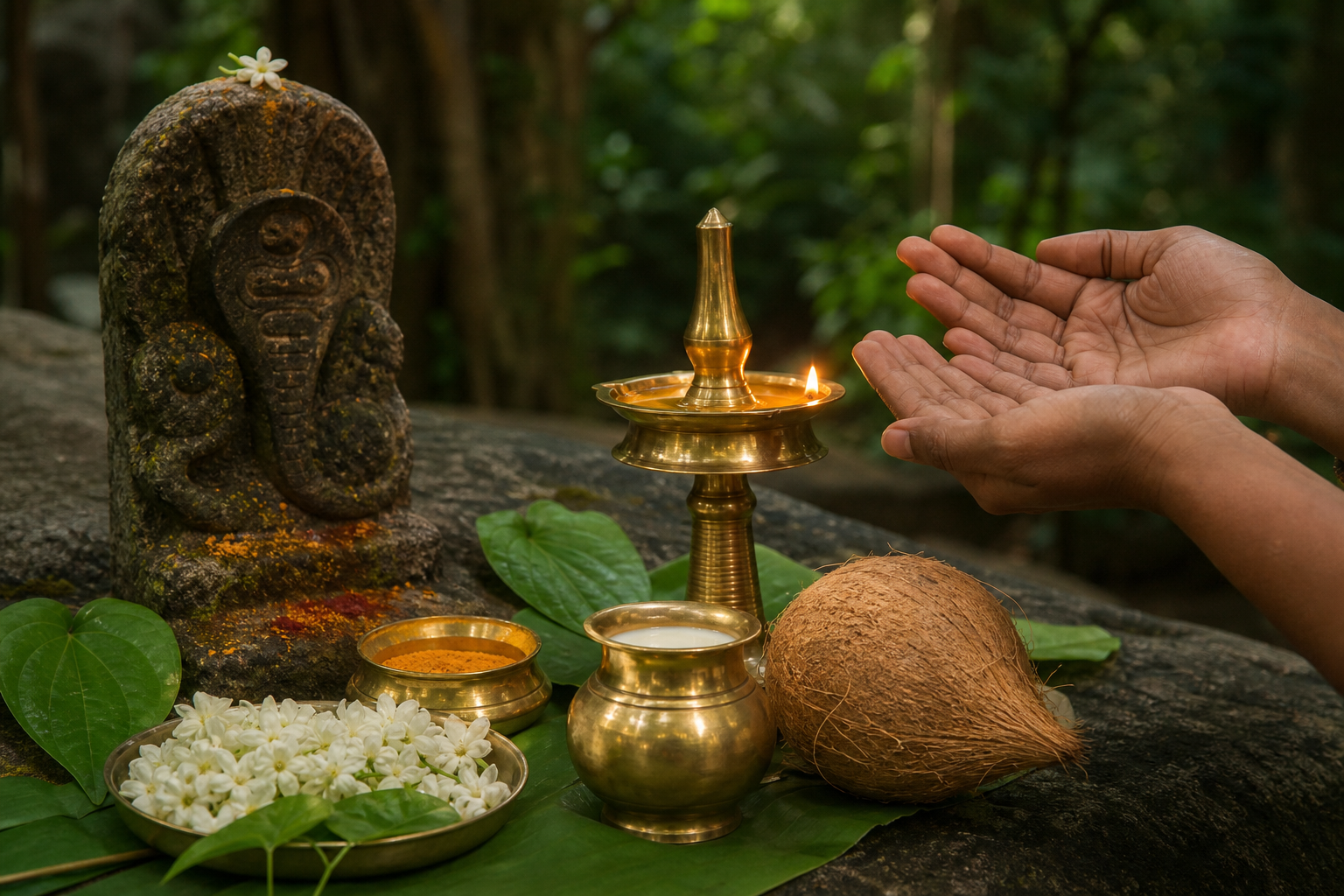 A pilgrim's hands hover near a brass lamp, flowers, coconut, leaves, turmeric, and milk arranged beside a stone serpent icon.