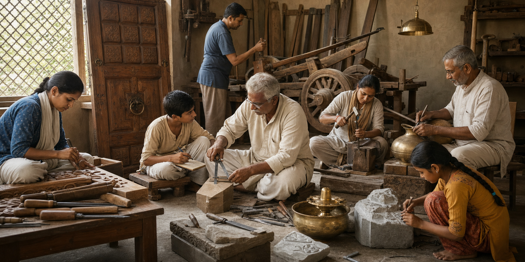 Artisans measure, carve and shape wood, stone and metal together in a sunlit traditional workshop.