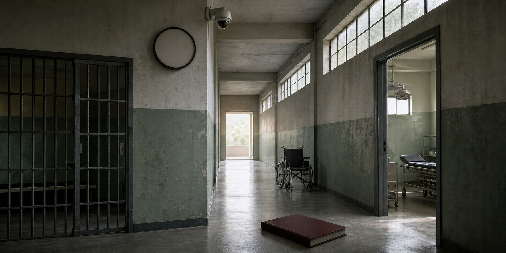 An empty institutional corridor links a barred holding area with a medical room, with a wheelchair, file, clock, and security camera visible.