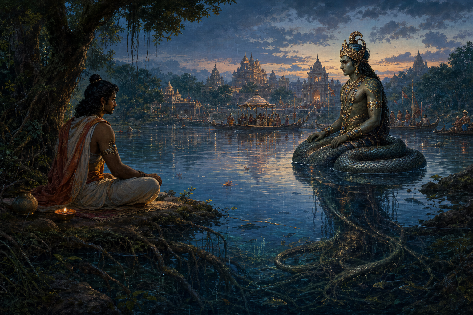 A seated human observer faces a naga by a river, with a settled community behind the naga and serpentine forms blending into roots and currents in the reflection.