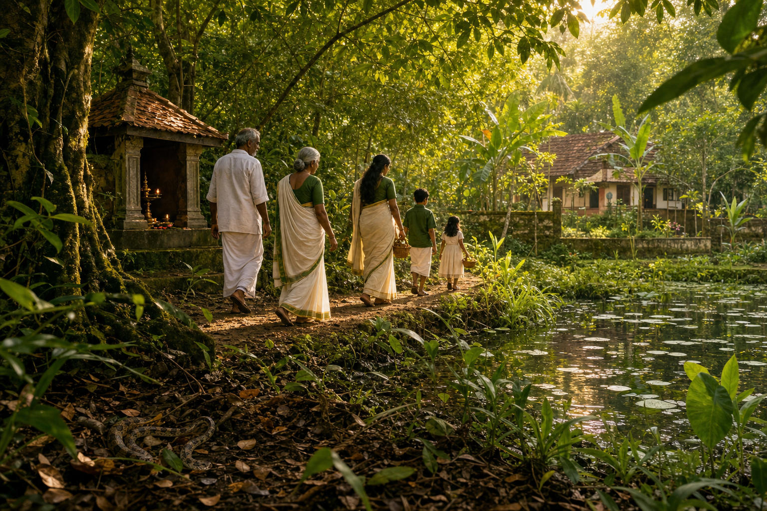 A family walks beside a protected grove and wetland while a small snake remains undisturbed beneath leaves near the forest edge.