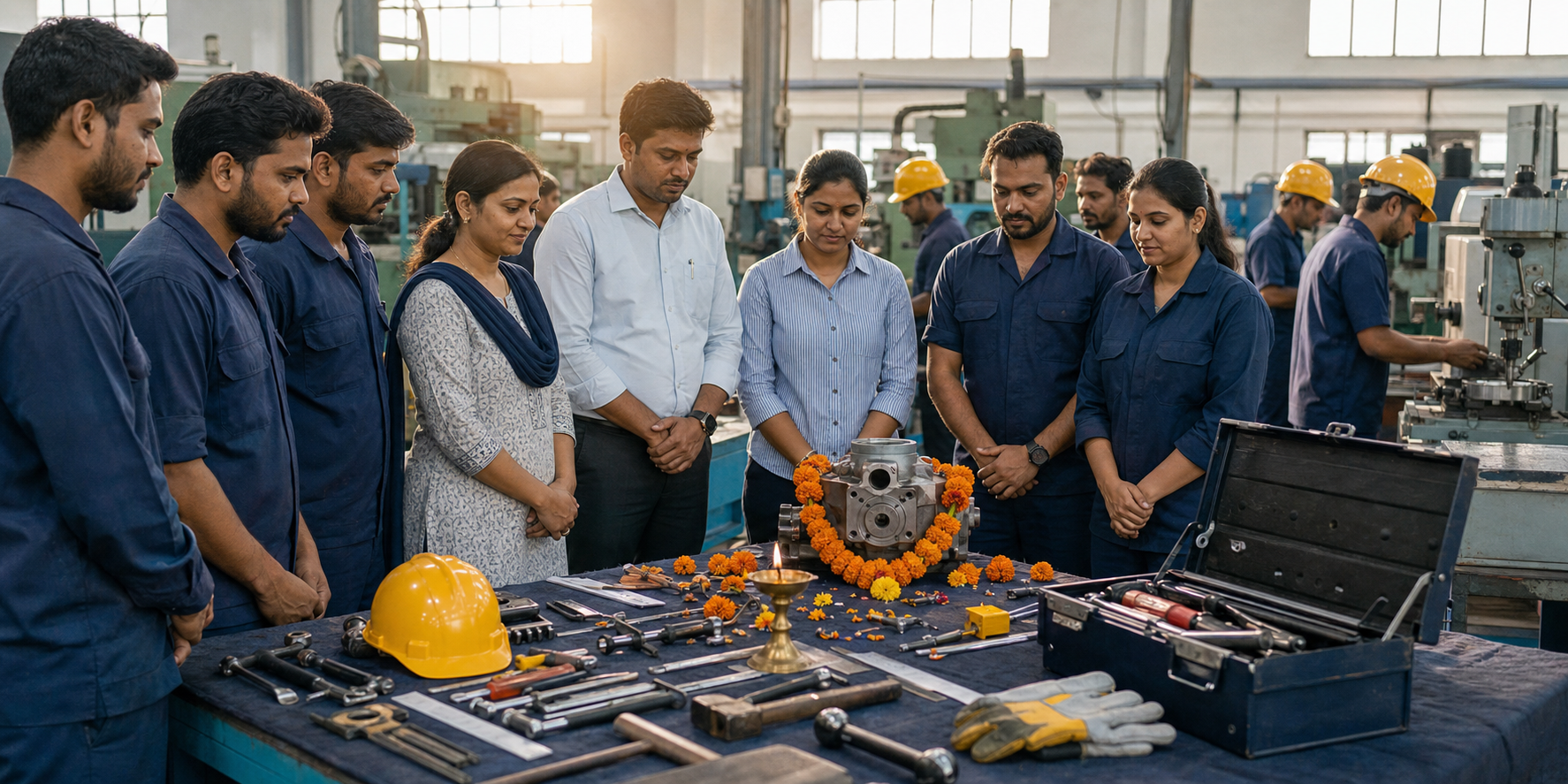 Workers gather around marigold-decorated tools and a lamp during a respectful Vishwakarma Jayanti observance in a modern workshop.