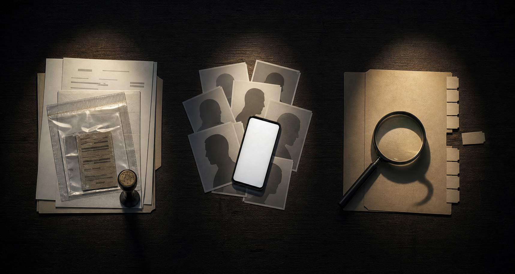 Three illuminated areas on a desk contain organized records, anonymous silhouettes beside a phone, and an incomplete file examined with a magnifying glass.