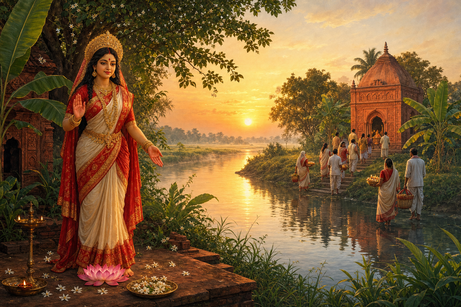 A maternal goddess gives gestures of reassurance and generosity beside a Bengali river, while devotees approach a separate village shrine in the light of dawn.