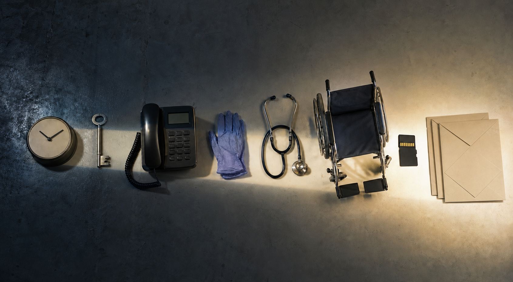 A sequence of a clock, key, telephone, medical equipment, wheelchair, memory card, and sealed records traces a path from custody toward medical care.