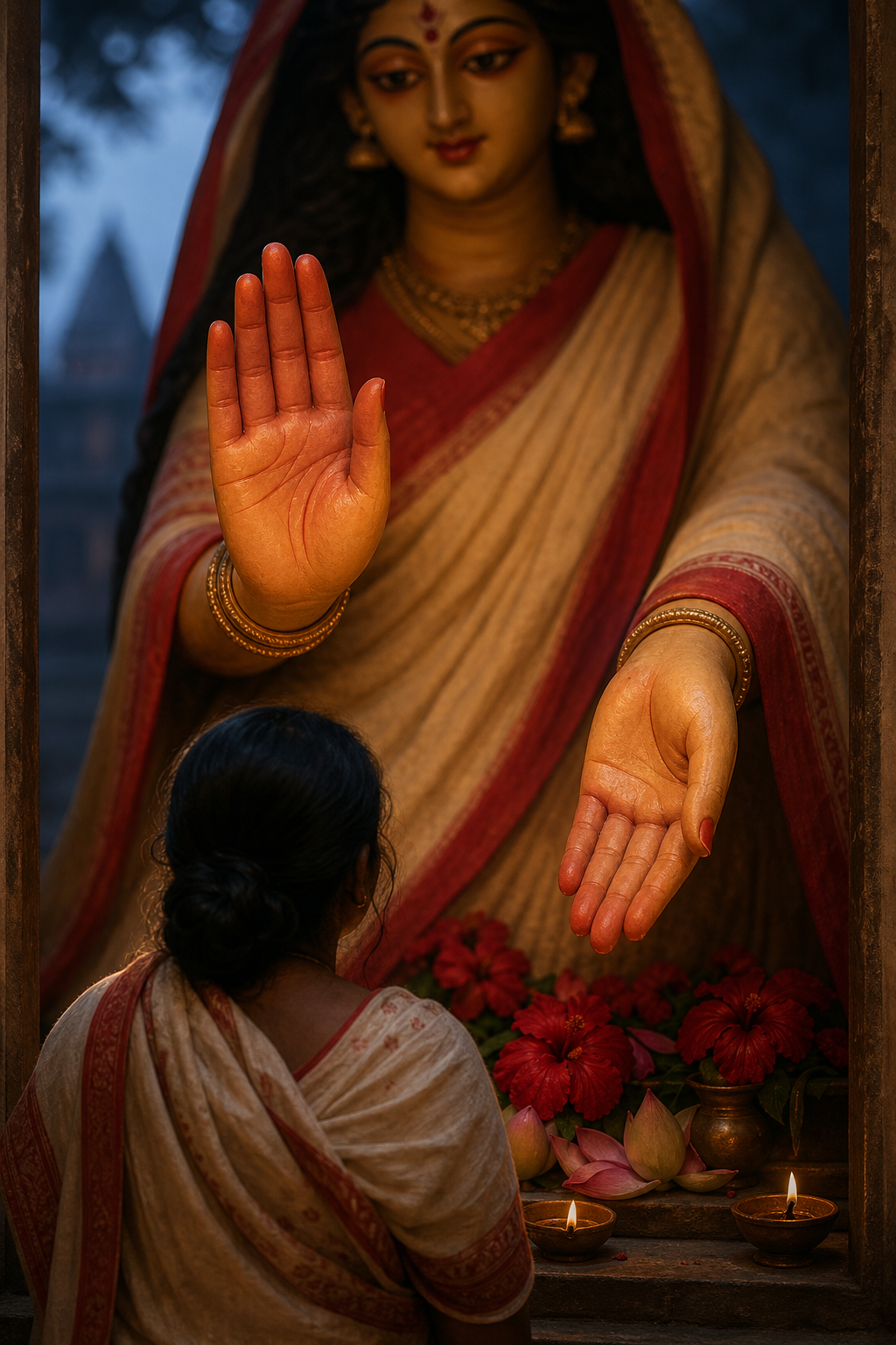 A Bengali shrine image of the Divine Mother displays open-handed gestures of reassurance and generosity before a kneeling devotee.