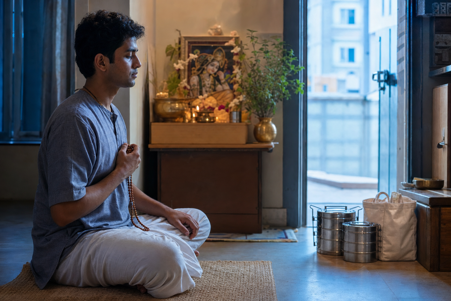 A devotee chants with prayer beads beside a small home altar while packed meal containers and a cloth bag wait near the door.