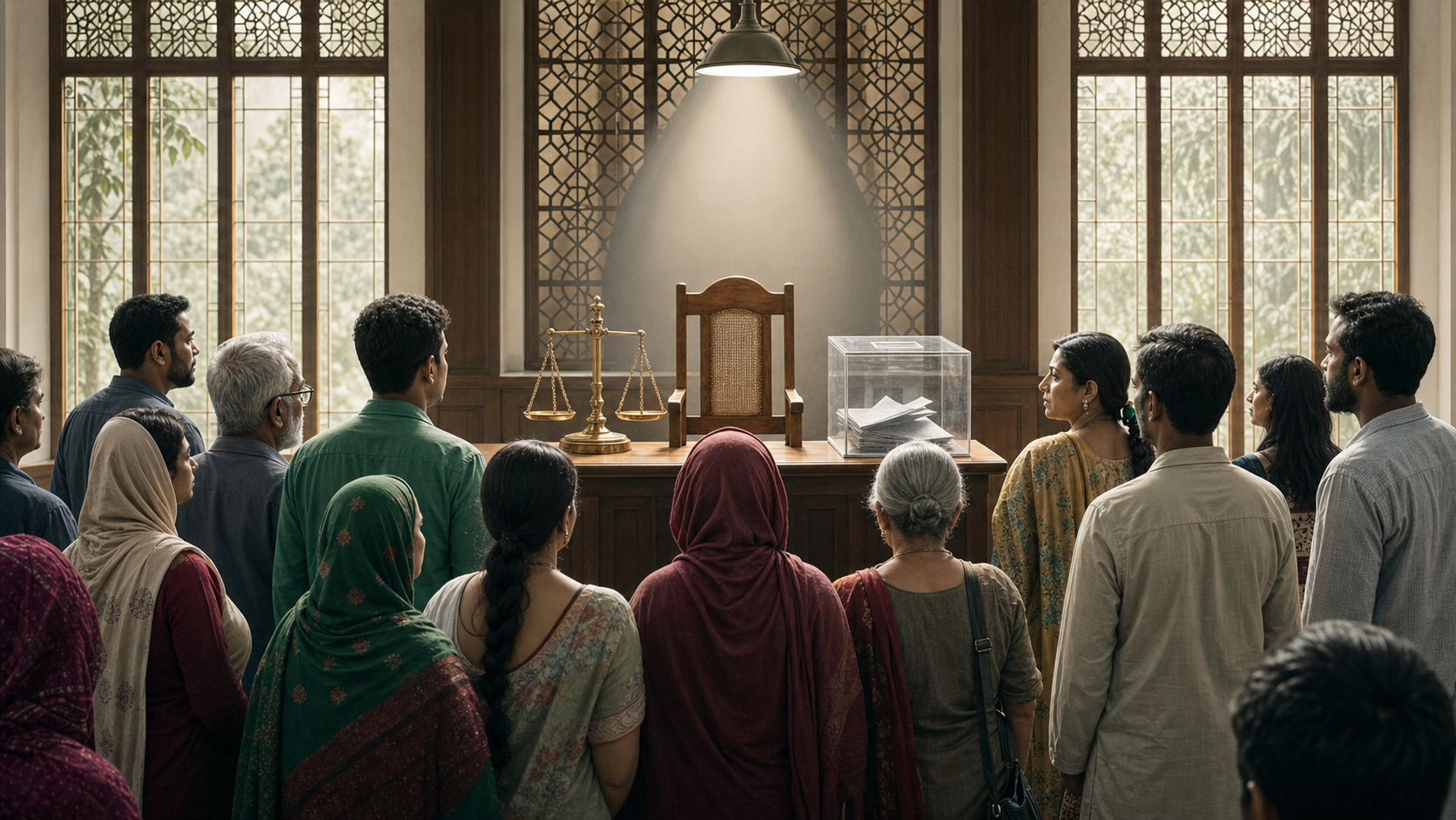 A diverse group of citizens observes an empty witness chair, balanced scale, and transparent evidence box in a public hearing room.