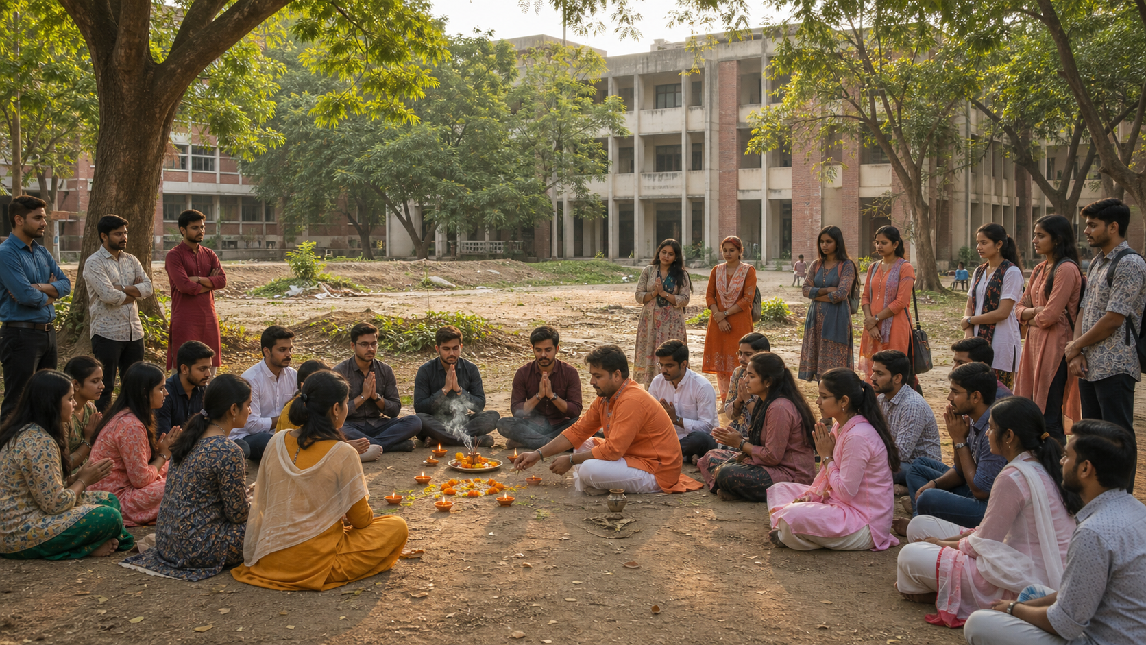 Hindu university students gather peacefully around lamps and flowers at a temporary prayer area in a campus courtyard, with no completed temple visible.