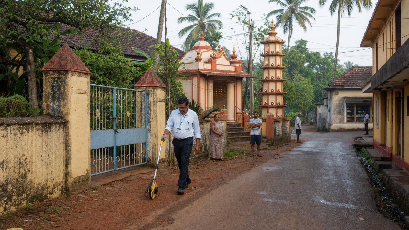 A survey officer uses a measuring wheel on a Goan street connecting a school gate, a Hindu temple, and an unbranded liquor outlet.