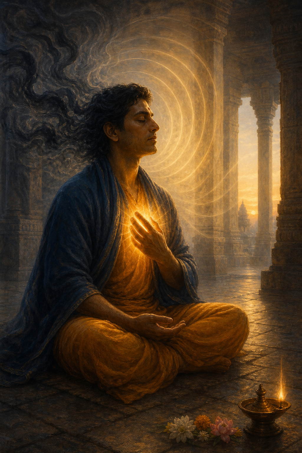 A devotee meditates in a stone temple as golden light radiates from the heart and dark currents around the head dissolve into calm light.