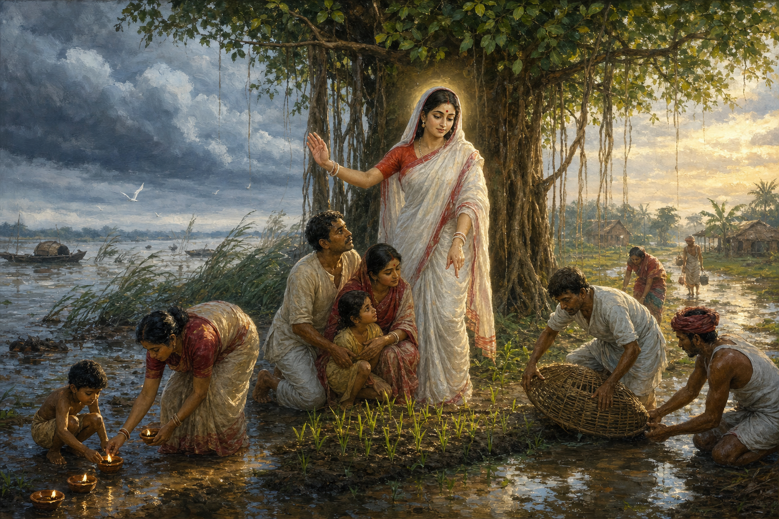 A maternal goddess shelters villagers after a monsoon as they relight lamps and green rice shoots rise from wet soil.