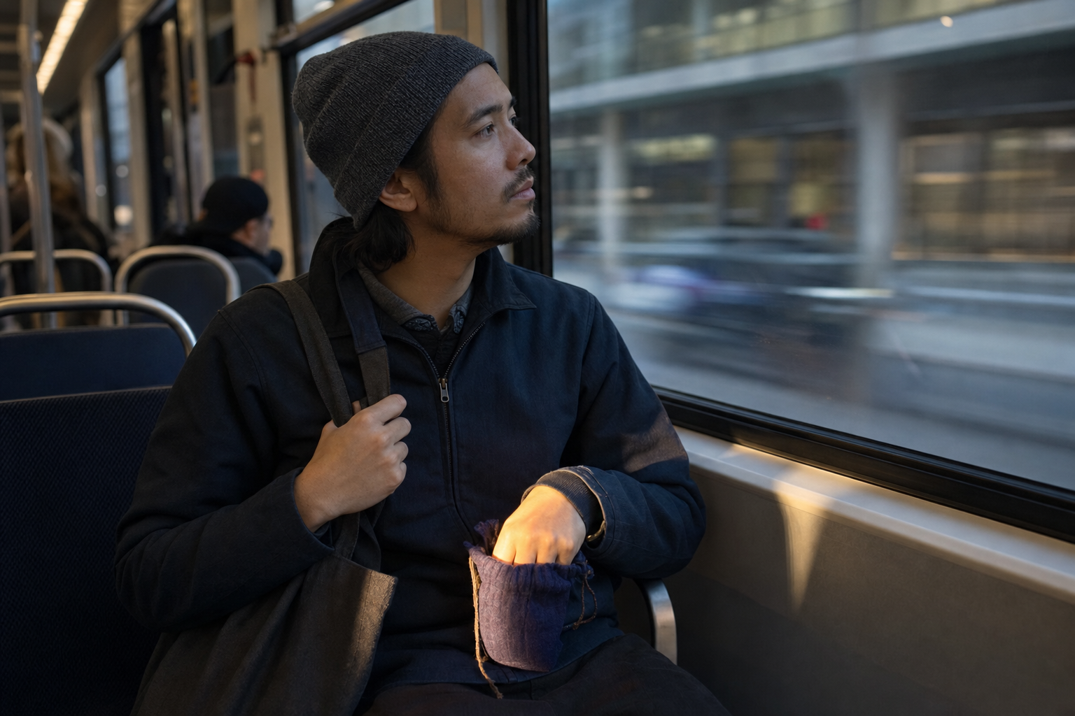 A commuter quietly uses prayer beads in a bead bag while riding a city streetcar in the morning.
