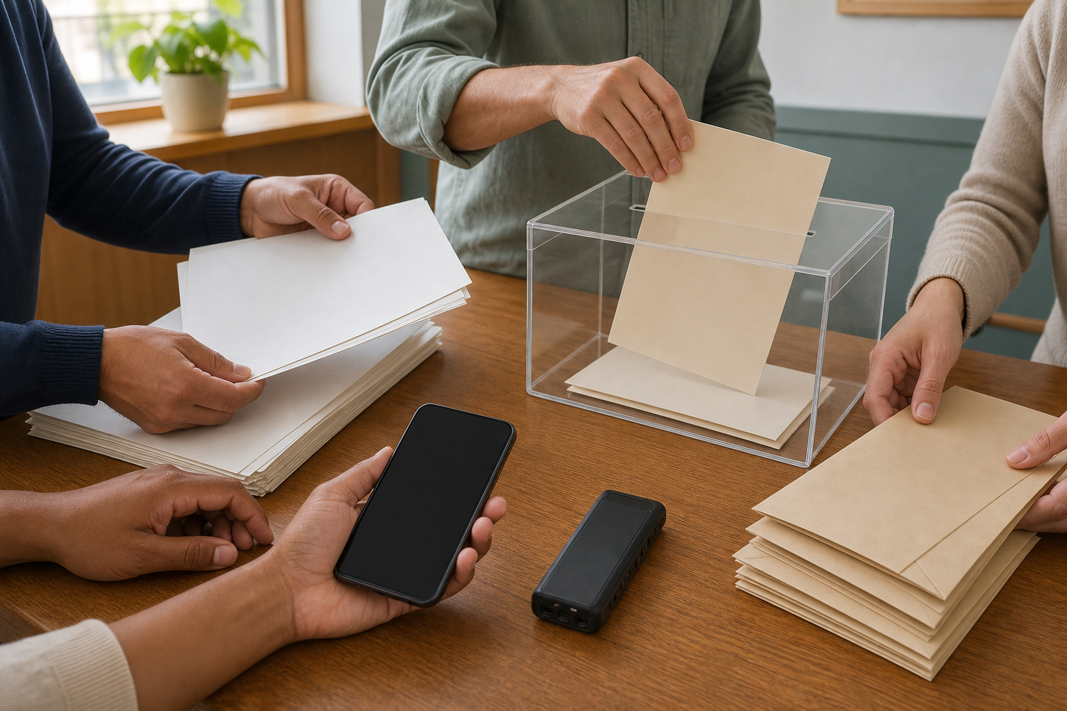 Several people organize blank records and recording devices at a legal-aid desk while a file is placed into a transparent submission box.