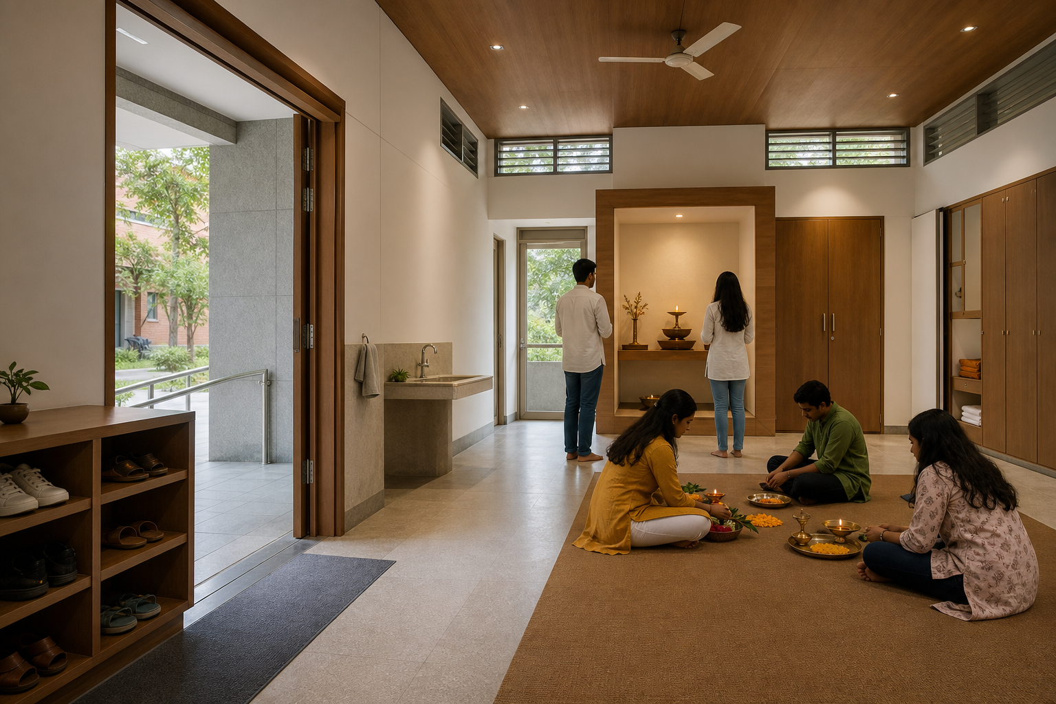 Students prepare a modest accessible Hindu worship room with floor seating, ritual-item storage, shoe racks, ventilation, and a step-free entrance.