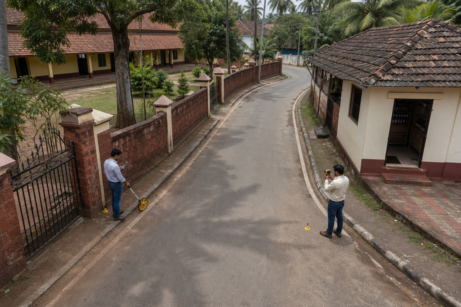 Municipal surveyors measure between a school compound boundary and an unbranded liquor outlet across a curved street in Goa.