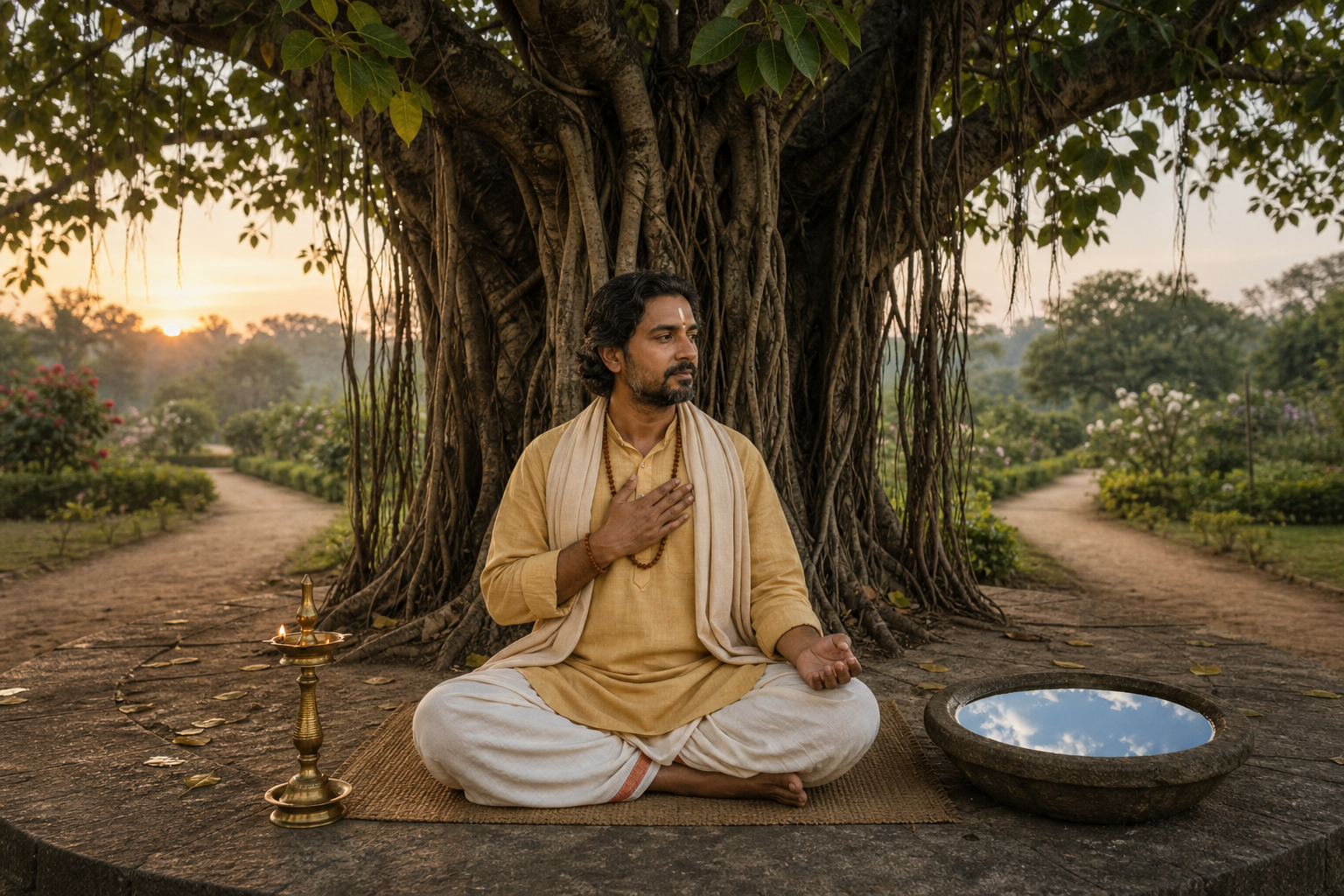 A contemplative practitioner sits beneath a banyan tree between a glowing brass lamp and a still reflecting basin, with a forked path in the background.