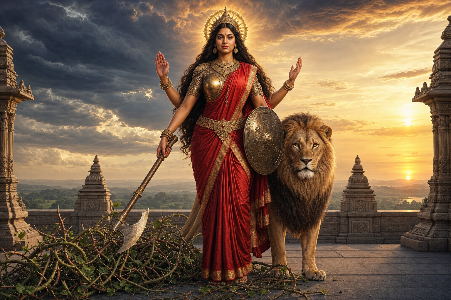 Goddess Durga stands calmly in bronze armor with a lowered axe and shield as cut thorny vines lie at her feet and dawn breaks behind her.