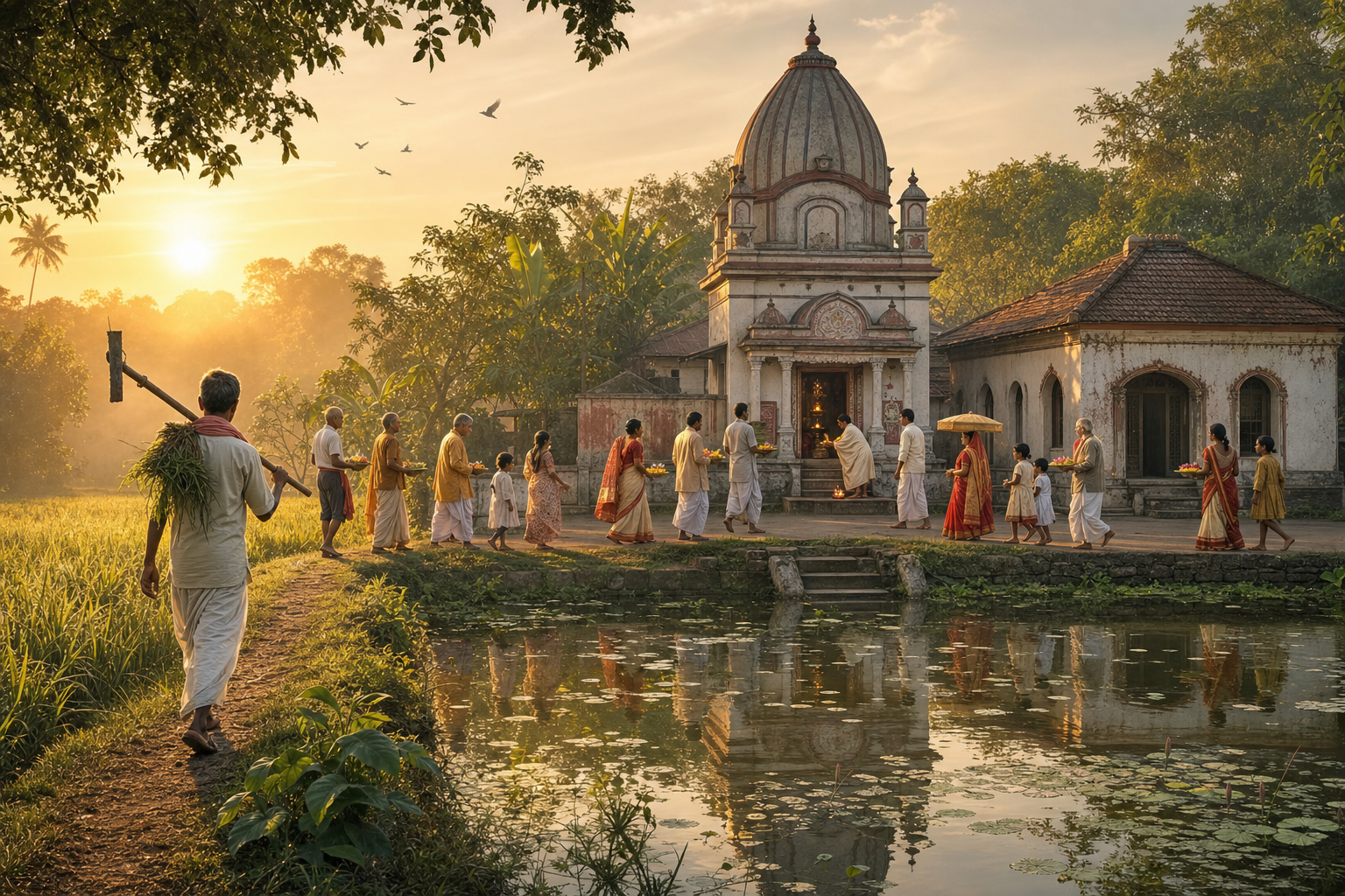 Families gather with flowers and lamps outside a Bengali village temple at Kshirgram as the sun rises over a pond and fields.