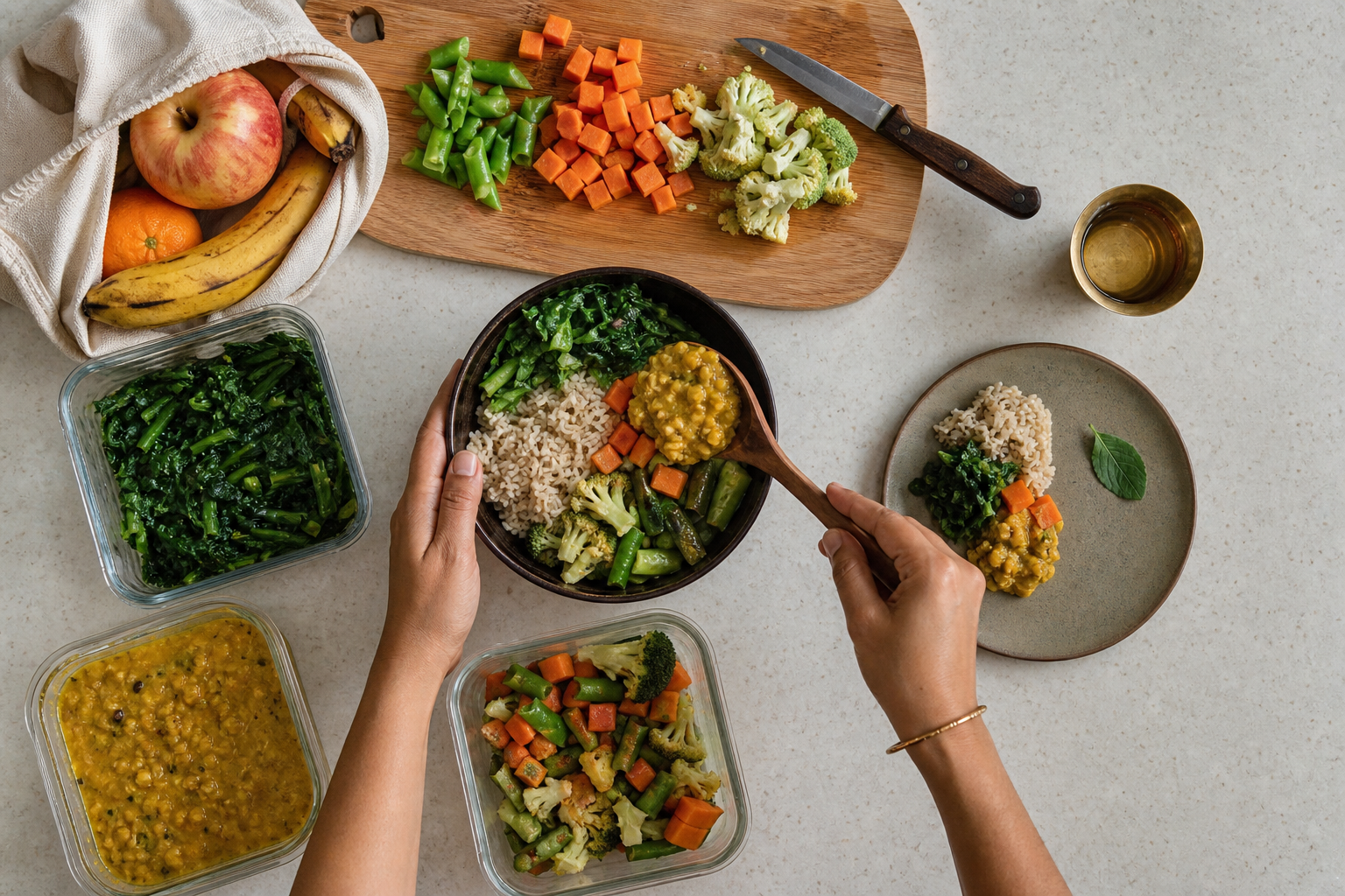 Hands prepare a plant-based meal with vegetables, lentils, rice, fruit, reusable containers, and a small offering plate.